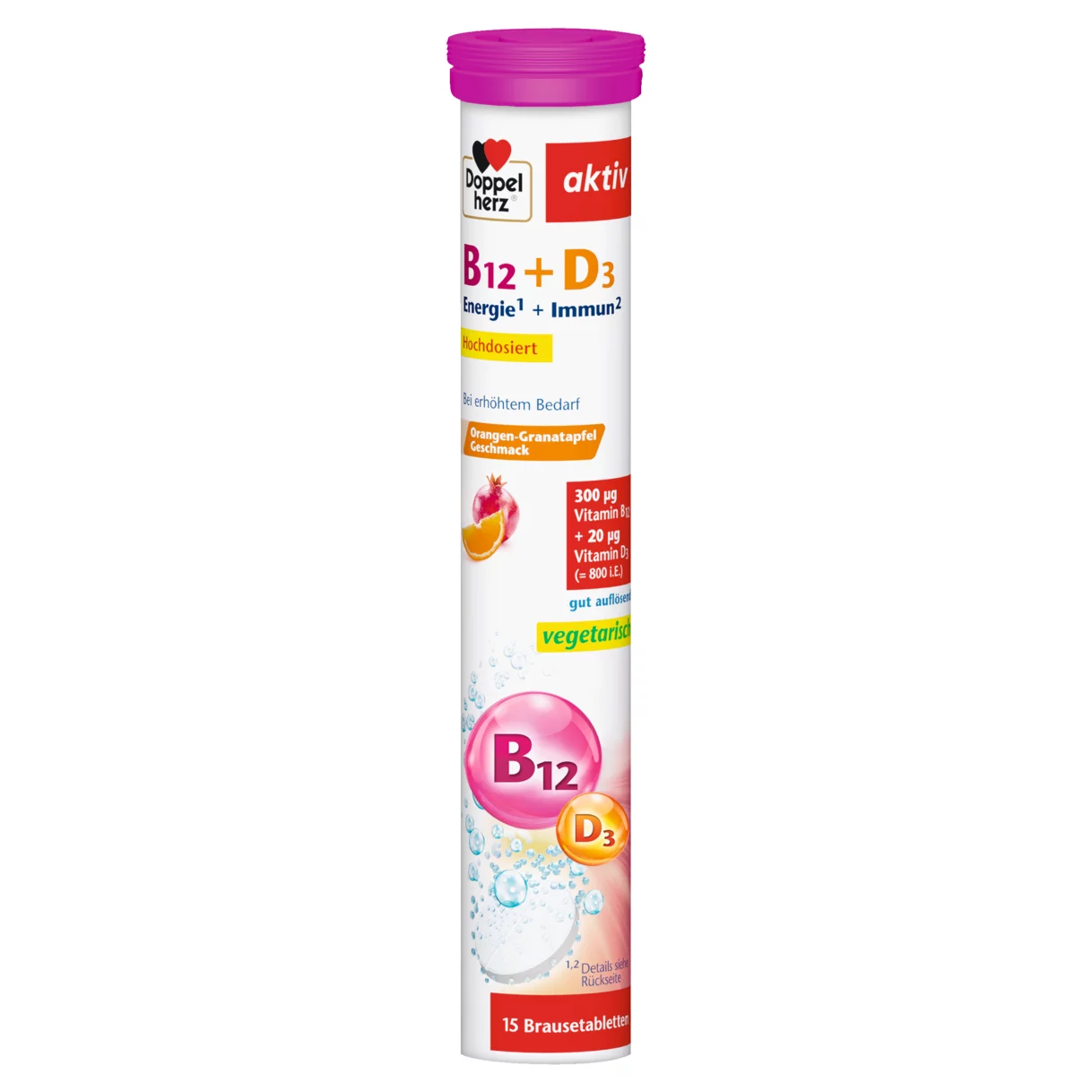 Abbildung der Produktverpackung Doppelherz aktiv Vitamin B12 + D3 Brausetabletten Frontansicht